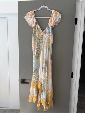 Free People Pastel Floral Maxi Dress with Yellow Lace Hem